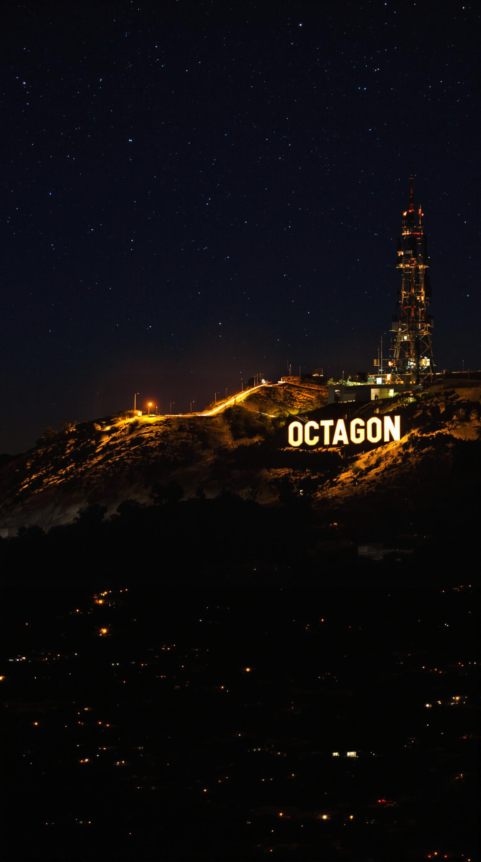 Hilltop with a large illuminated sign reading 'Octagon' against a dark sky.