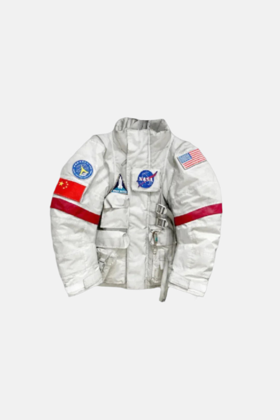 Space suit jacket with NASA and Chinese flag patches on a white background